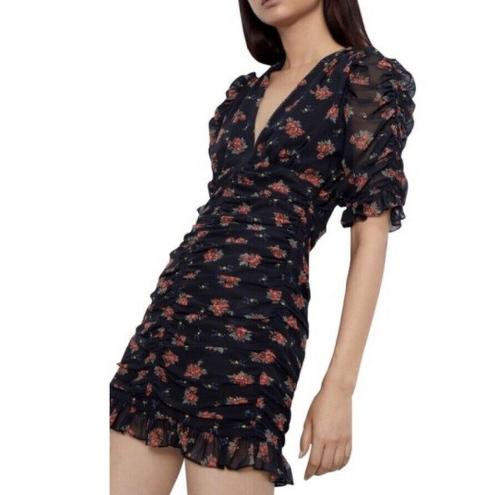 ZARA BLACK PRINTED DRAPED DRESS V NECK FLORAL RUFFLE HEM SIZE S